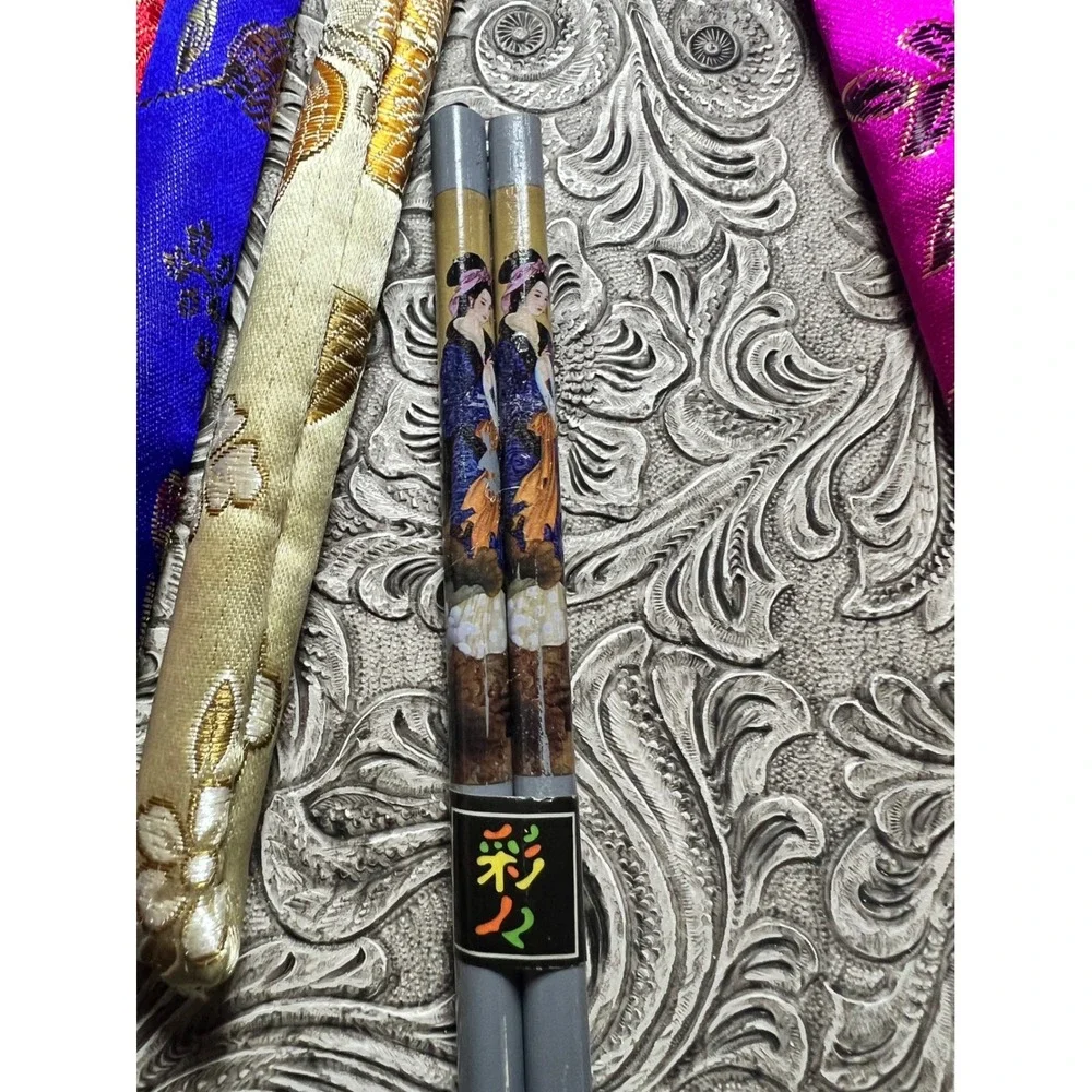 Vintage‎ Asian Bamboo Chopsticks Set of 7 Silk Brocade Sleeves Hand Painted 9in!